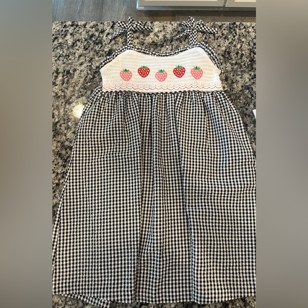 Bonnie Jean Black and White Gingham Dress with Strawberry Accents